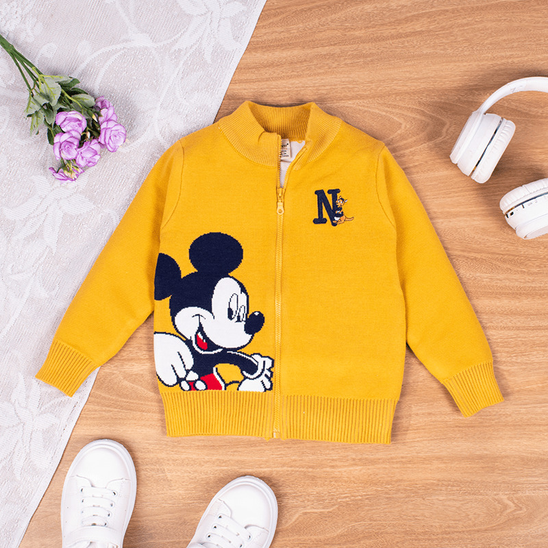 Baby Boy Girl Mickey Embroidered Front Zipper Long Sleeve Knitted Sweaters Yellow Shop Online in Nepal at Maayus